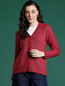 CAYMAN - Red Geometric Self-Design Woolen Button-Down Cardigan