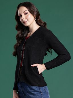 CAYMAN - Black Women Self Design Woollen Cardigan