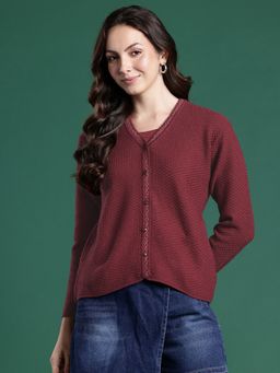 CAYMAN - Maroon Women Self Design Woollen Cardigan
