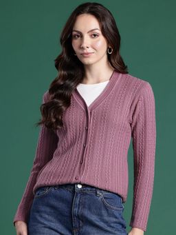 CAYMAN - Mauve Cable Knit V-Neck Woollen Cardigan
