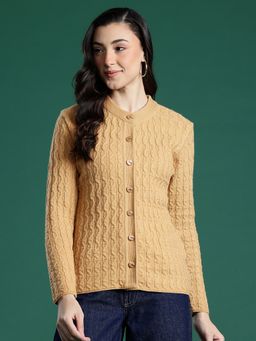 CAYMAN - Beige Cable Knit Round Neck Woolen Button-Down Cardigan
