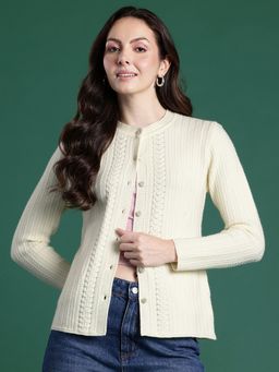 CAYMAN - Off White Women Cable Knit Woollen Cardigan