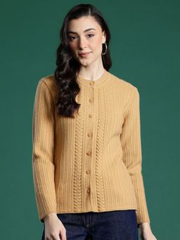 CAYMAN - Beige Cable Knit Woolen Button-Down Cardigan