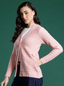 CAYMAN - Pink Cable Knit Woolen Button-Down Cardigan