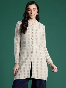 CAYMAN - Beige Geometric Self-Design Woolen Button-Down Longline Cardigan