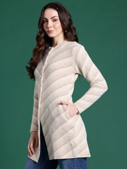 CAYMAN - Beige Self Design Woollen Longline Cardigan