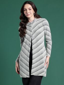 CAYMAN - Grey Striped Self Design Longline Woollen Cardigan
