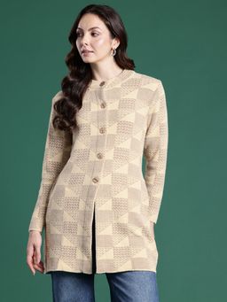 CAYMAN - Brown Geometric Self Design Longline Woollen Cardigan