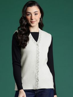 CAYMAN - Grey Vertically Self-Striped Woolen Button-Down Cardigan