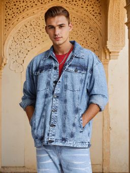 Bene Kleed - Men Indie Fusion Graphic Print Detachable Back Panel Blue Denim Jacket