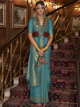 Akhilam - Womens Silk Blend Blue Woven Designer Saree with Unstitched Blouse