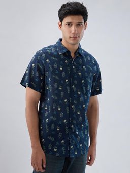 Spykar - Navy Blue Floral Print Regular Fit Shirt