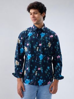 Spykar - Navy Blue Floral Print Regular Fit Shirt