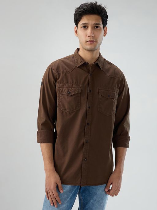 Spykar Brown Solid Regular Fit Shirt