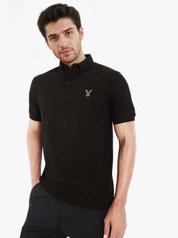 Rare Rabbit - Face Black Solid Regular Fit Polo T-shirt