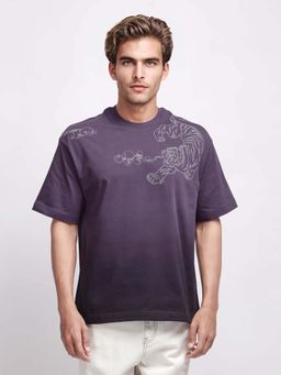 Rare Rabbit - Fig Dark Purple Embroidered Oversized T-shirt