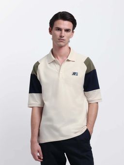 Rare Rabbit - Lucid Off White Cut And Sew Relaxed Fit Polo T-shirt