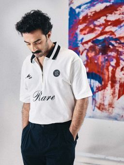 Rare Rabbit - Mateo White Printed Regular Fit Polo T-shirt