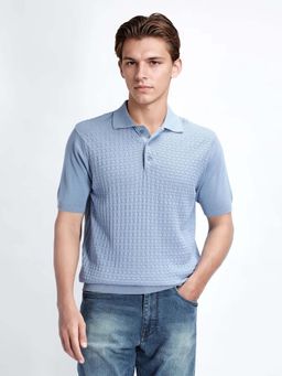 Rare Rabbit - Pasto Dusky Blue Textured Regular Fit Polo T-shirt