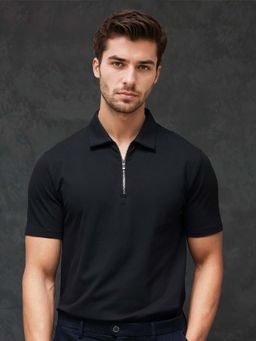 Rare Rabbit - Prin-1 Black Plain Regular Fit Polo T-shirt