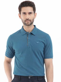 Rare Rabbit - Salis-2 Teal Plain Regular Fit Polo T-shirt