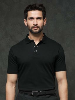 Rare Rabbit - Tang Black Plain Regular Fit Polo T-shirt