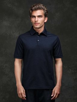 Rare Rabbit - Tosy Navy Blue Textured Regular Fit Polo T-shirt