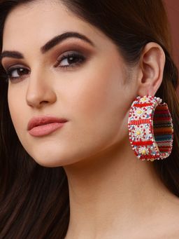 Moedbuille - Handcrafted Multi Color Beads Embroidered Afghan Design Silver Plated Hoop Earrings