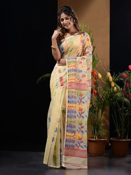 CHARUKRITI - Off White Handwoven Saree with Floral Designs & Motifs