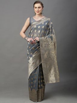 Akhilam - Womens Cotton Silk Grey Woven Design Saree with Unstitched Blouse