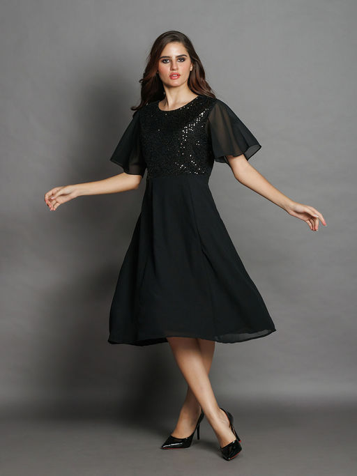 Buy Zink London Women Black Sequined Flared Sleeves Round Neck Midi Dress  Online