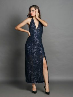 Zink London - Women Navy Blue Sequined Sleeveless Halter Neck Maxi Dress