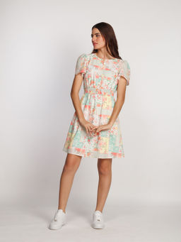 Zink London - Women White Floral Half Sleeves Round Neck Mini Dress