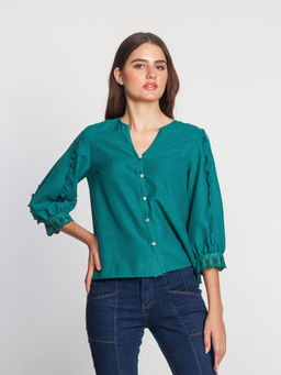 Zink London - Women Green Solid Three Fourth Sleeves V-Neck Top