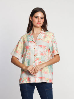 Zink London - Women Multi-Color Floral Half Sleeves Notched Lapel Shirt