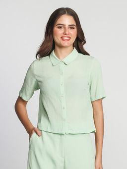 Zink London - Women Green Solid Half Sleeves Collar Neck Crop Shirt