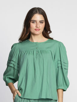 Zink London - Women Green Solid Balloon Sleeve Round Neck Top