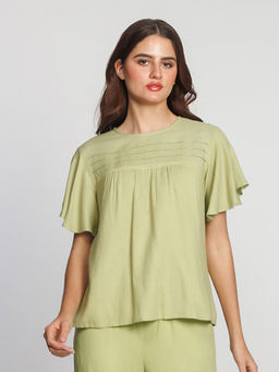 Zink London - Women Green Solid Flared Sleeves Round Neck Top