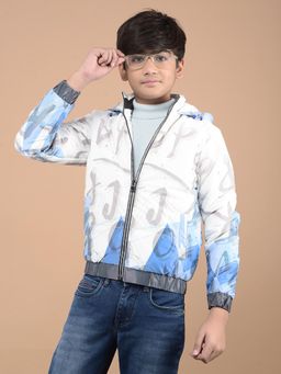 CRIMSOUNE CLUB - Boys White Typographic Print Hooded Neck Puffer Jacket