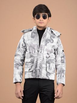 CRIMSOUNE CLUB - Boys Grey Typographic Print Hooded Neck Puffer Jacket