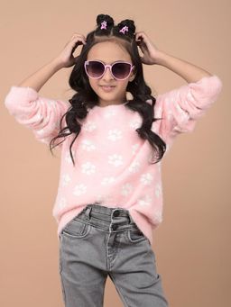CRIMSOUNE CLUB - Girls Pink Self Design Acrylic Sweater