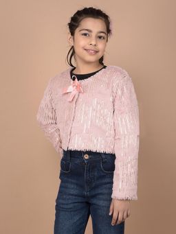 CRIMSOUNE CLUB - Girls Pink Embellished Crop Length Fur Cardigan