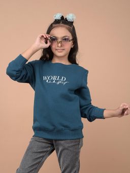 CRIMSOUNE CLUB - Girls Teal Typographic Print Sweatshirt