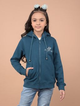 CRIMSOUNE CLUB - Girls Teal Typographic Print Hooded Neck Jacket