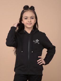 CRIMSOUNE CLUB - Girls Black Typographic Print Hooded Neck Jacket