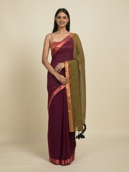 Suta - Magenta and Olive Cotton Sequin Embellished Saree