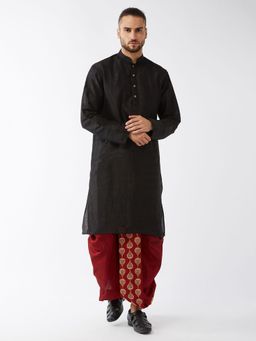 Vastramay - Mens Black Solid Kurta with Embroidered Traditional Dhoti (Set of 2)
