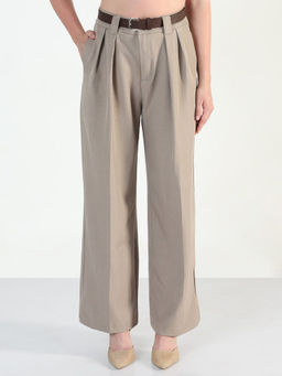 SHOWOFF - Women Beige Loose Fit Trouser With Belt (Set of 2)