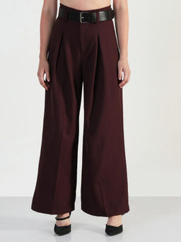 SHOWOFF - Women Burgundy Loose Fit Trouser With Belt (Set of 2)