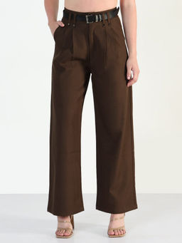 SHOWOFF - Women Brown Straight Fit Trouser With Belt (Set of 2)